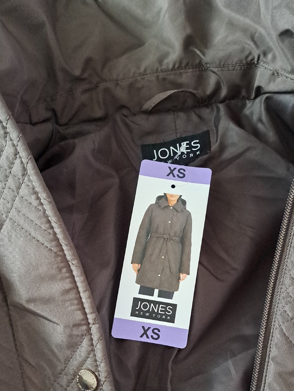 Jones New York Quilted Hooded Coat in Deep Brown New Size XS.